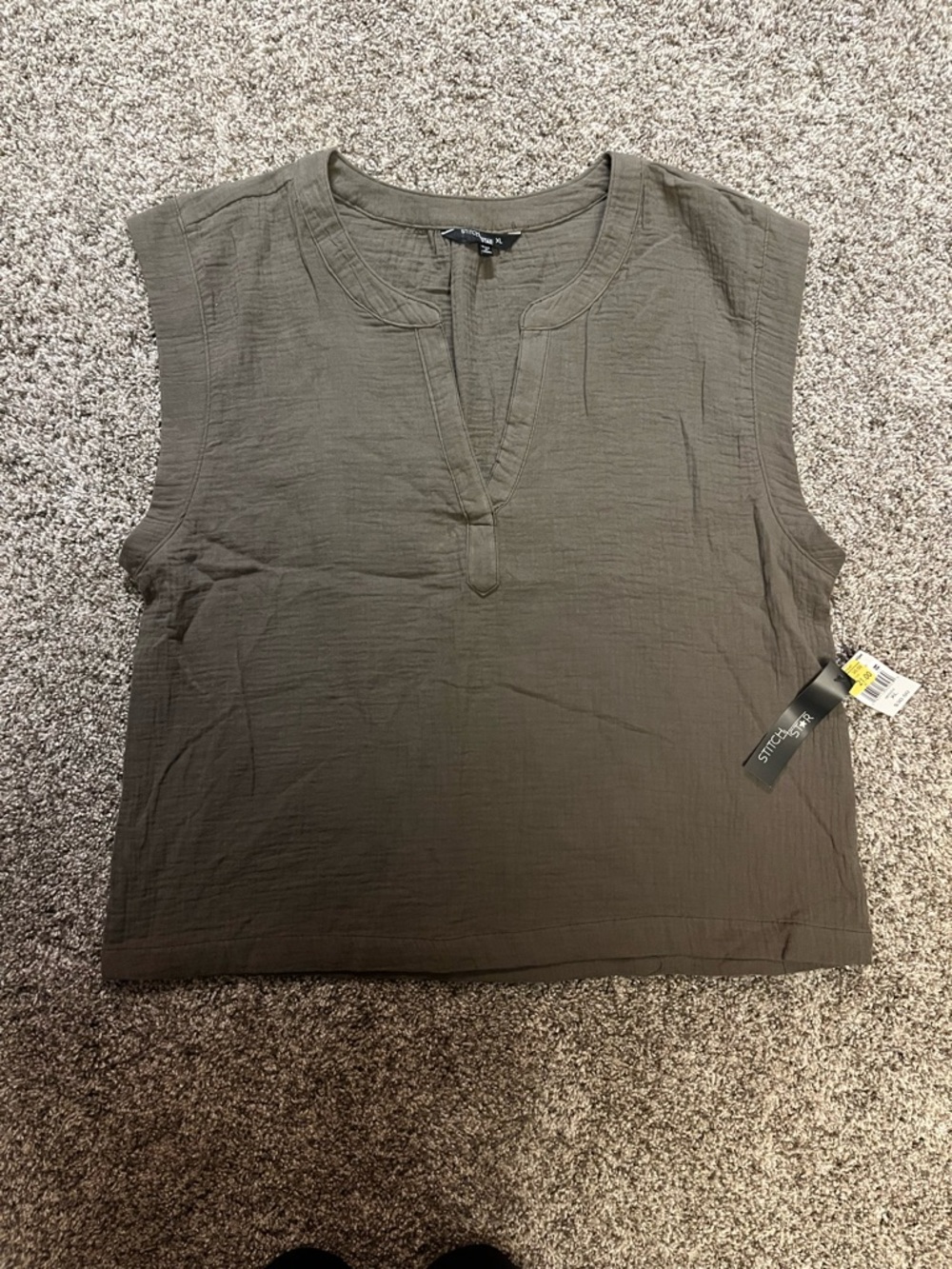 Stitch & Soul Olive Split-Neck Sleeveless Tank